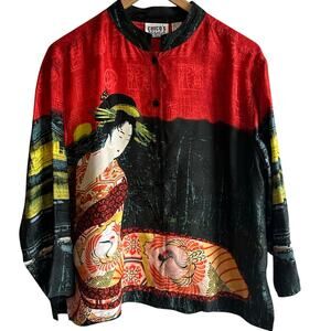 Chico’s Vintage Geisha Silk Button Up Mandarin Collar Blouse Red Small